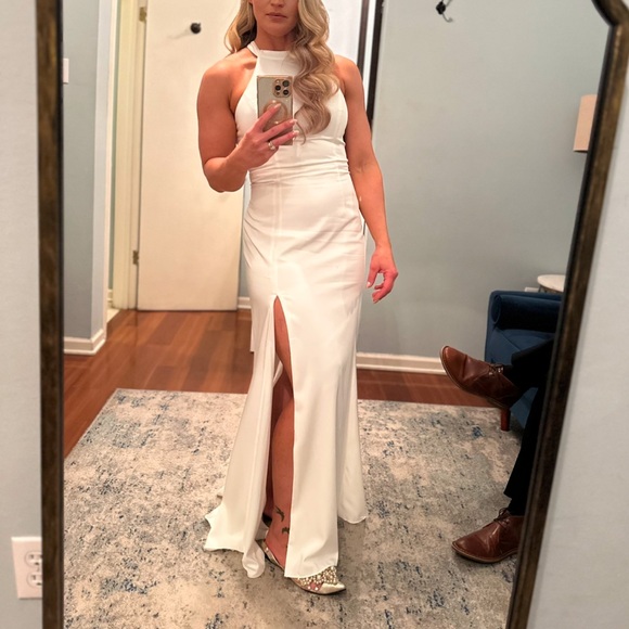 Radiant Adoration White Satin Lace Backless Halter Maxi Dress - Picture 3 of 5